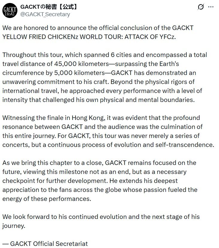 GACKT World Tour Attack of YFCz resmi berakhir - sumber foto X/GACKTの秘書【公式】